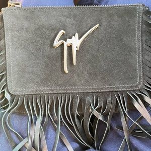 Giuseppe zanotti black fringe suede clutch